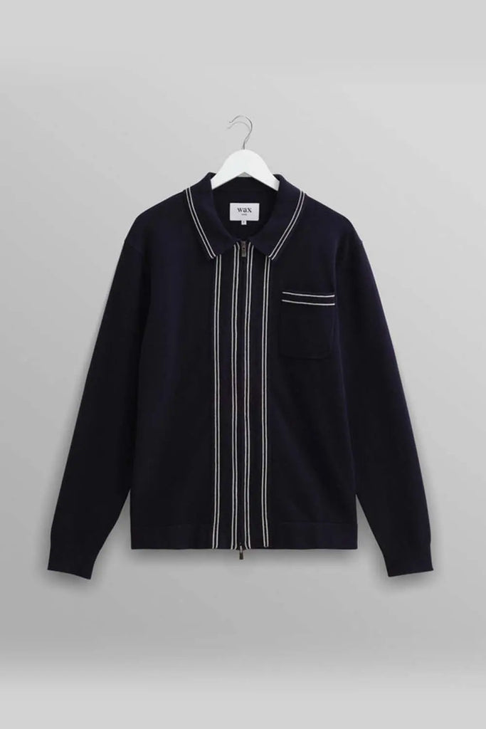 Amble - Navy Milano-Knit Long Sleeve Polo Wax London