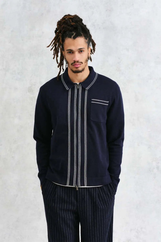 Amble - Navy Milano-Knit Long Sleeve Polo Wax London