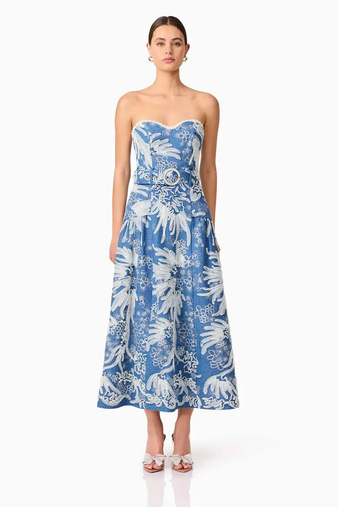 Anneliese Strapless Midi Dress in Blue Elliatt