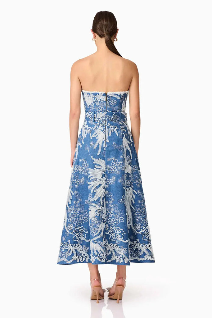 Anneliese Strapless Midi Dress in Blue Elliatt