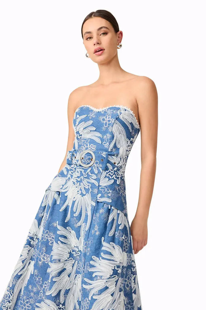 Anneliese Strapless Midi Dress in Blue Elliatt