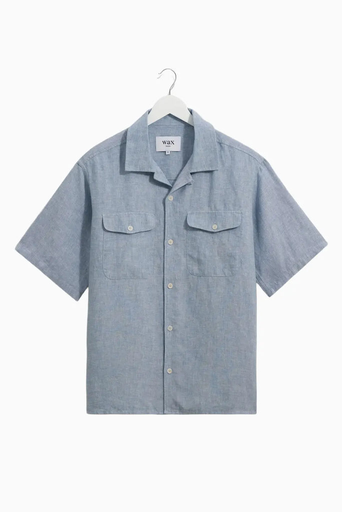 Bartlett - Blue Two-Tone Linen Short-Sleeve Shirt Wax London