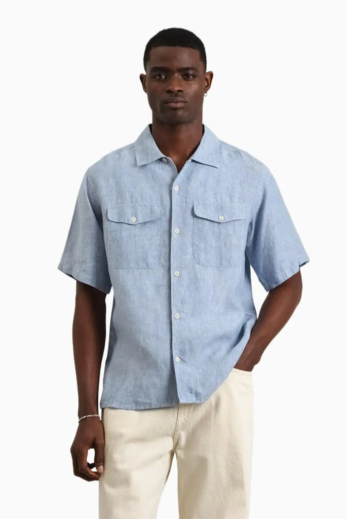 Bartlett - Blue Two-Tone Linen Short-Sleeve Shirt Wax London