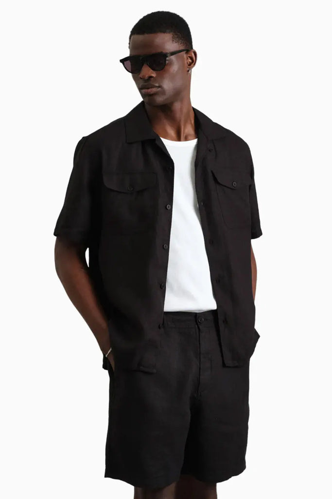 Bartlett - Washed Black Linen Short-Sleeve Shirt Wax London