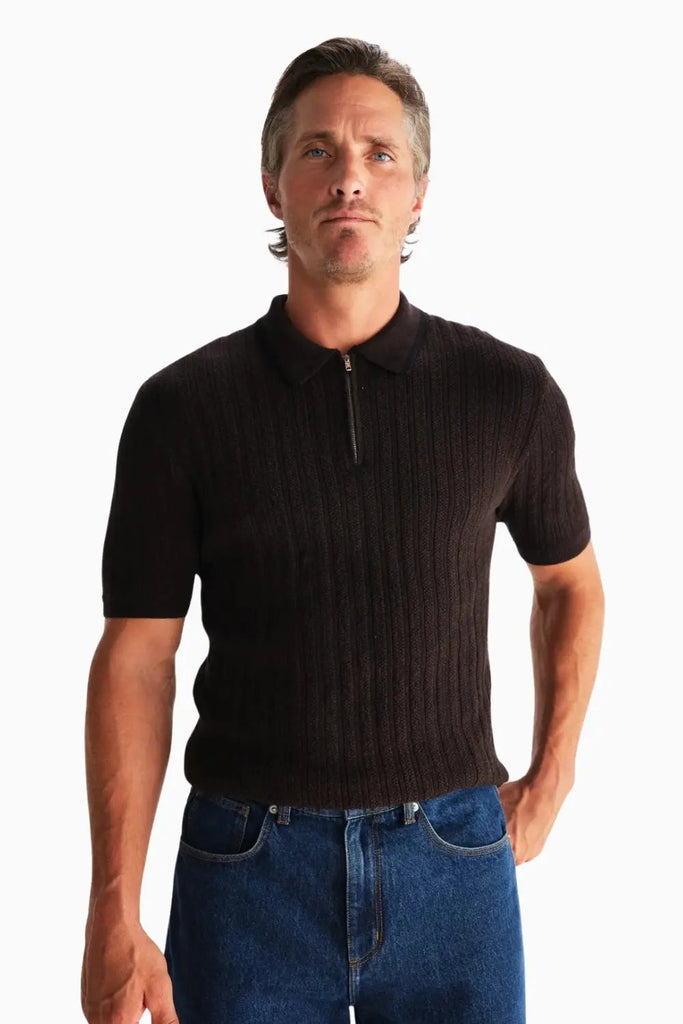 Bury Zip Polo Stripe Rice Stitch for Mens Wax London