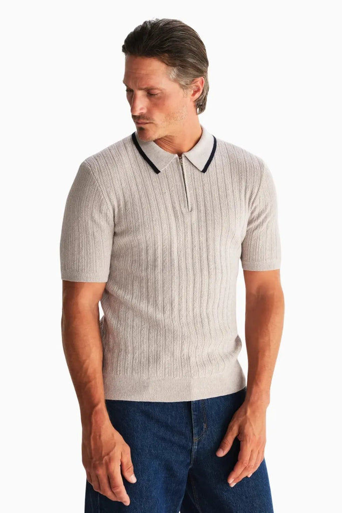 Bury Zip Polo Stripe Rice Stitch for Mens Wax London