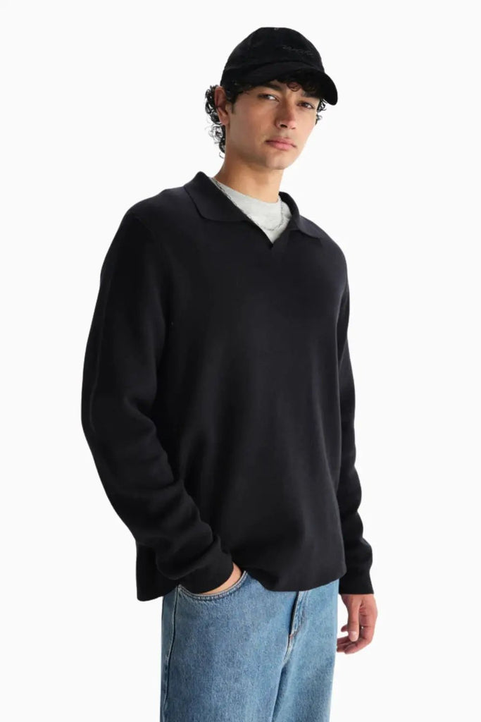 Carter Open Collar Milano Knit Polo for Men - Black Wax London