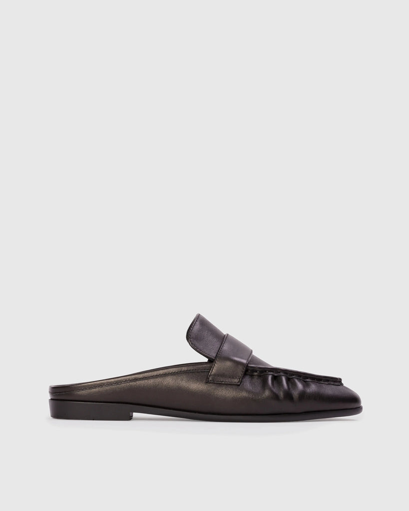 Classic Round Toe Backless Slip On Loafer Black Suede Studio