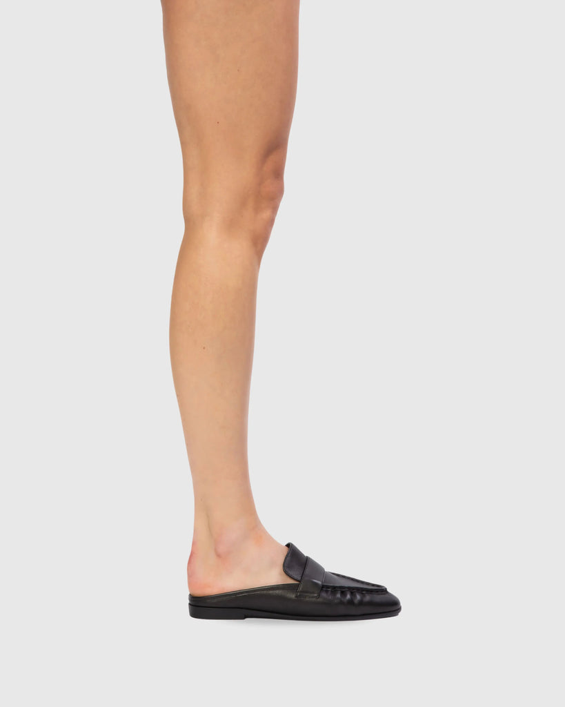 Classic Round Toe Backless Slip On Loafer Black Suede Studio