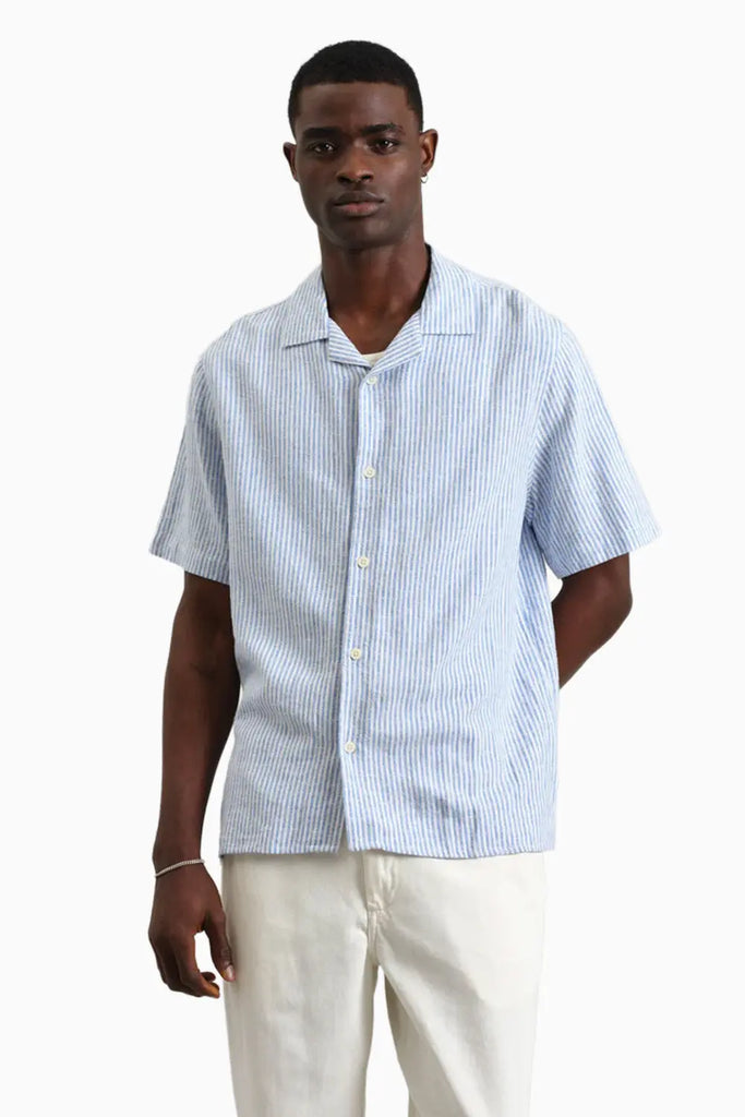 Didcot - Blue And White Textured Stripe Short-Sleeve Shirt Wax London