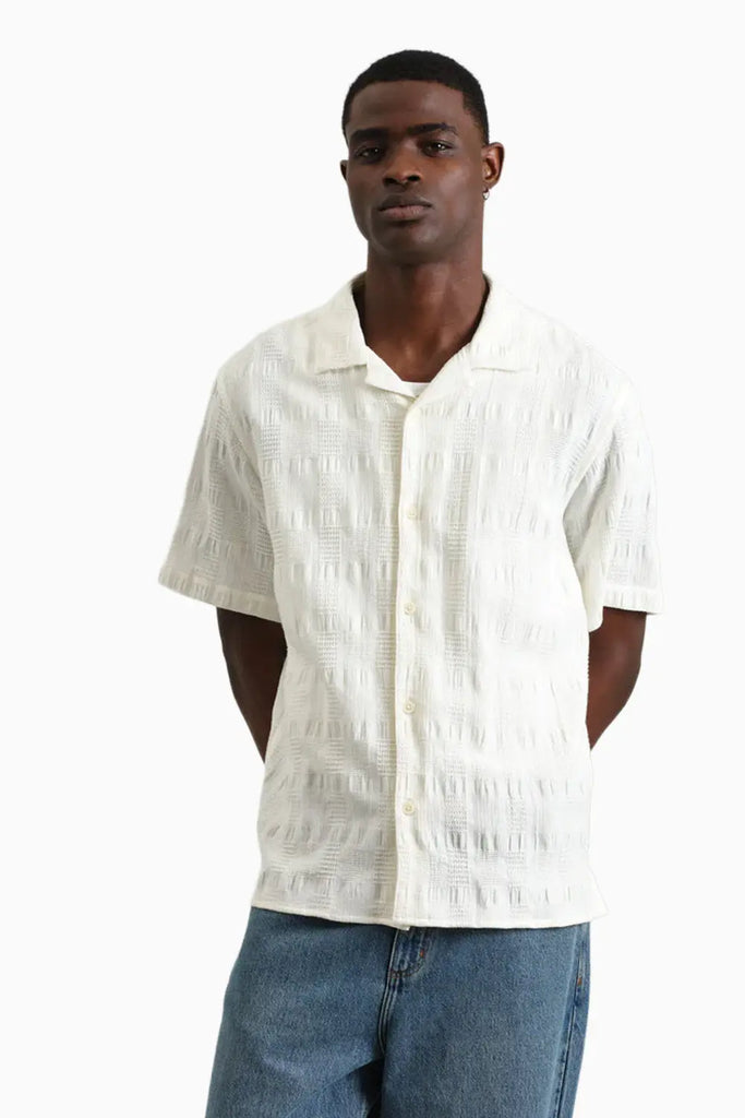 Didcot - Ecru Waffle Seersucker Cotton Short-Sleeve Shirt Wax London