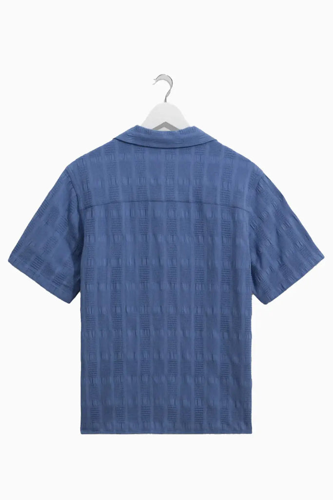 Didcot - Mid-Blue Waffle Seersucker Cotton Short-Sleeve Shirt Wax London