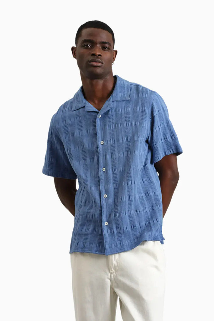 Didcot - Mid-Blue Waffle Seersucker Cotton Short-Sleeve Shirt Wax London
