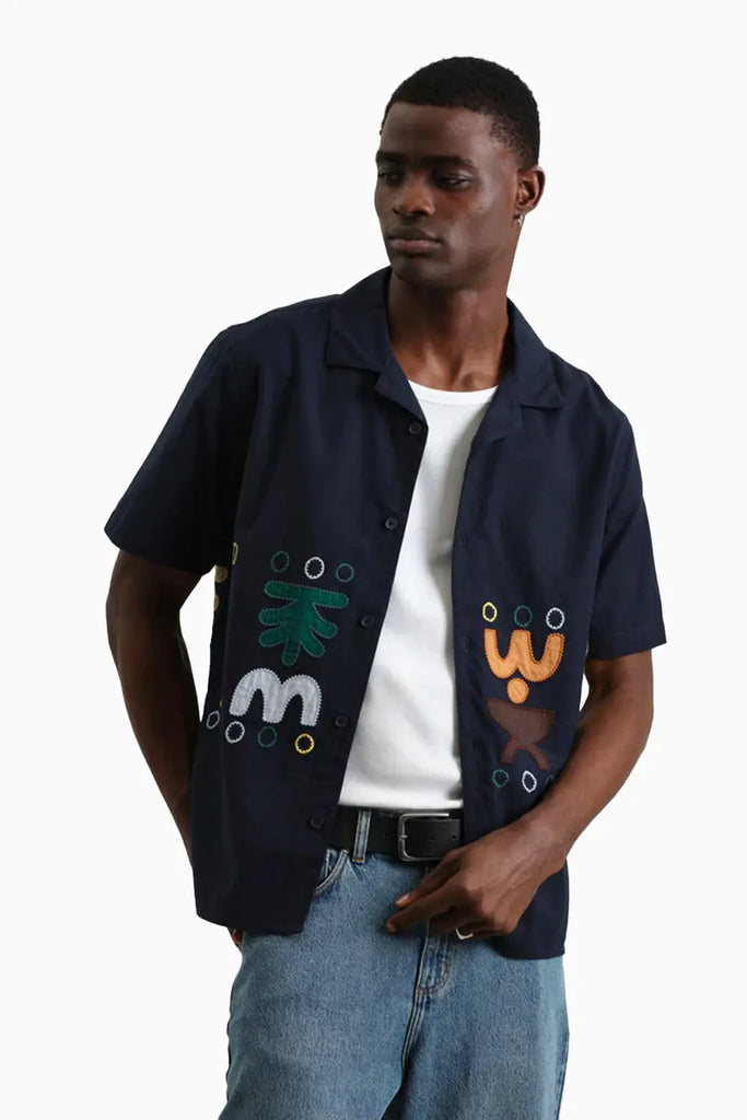 Didcot - Navy And Multicolour Bold Doodle Applique Short-Sleeve Shirt Wax London