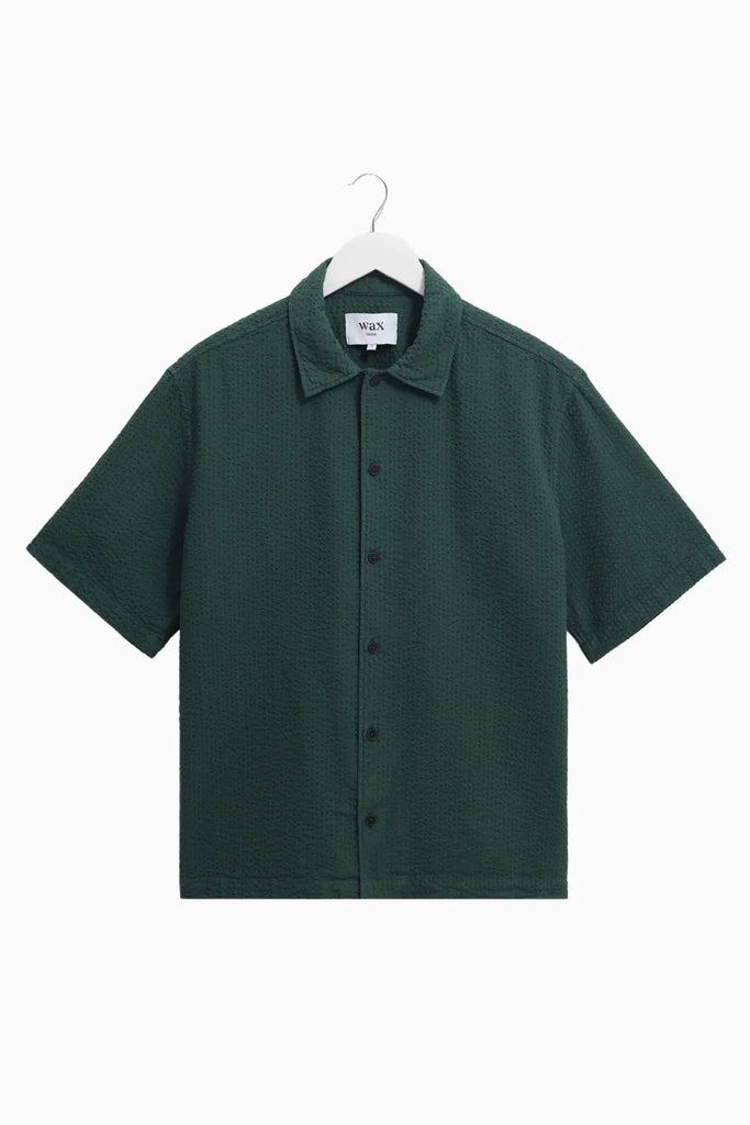 Keats - Forest Green Cotton Seersucker Short-Sleeve Shirt Wax London