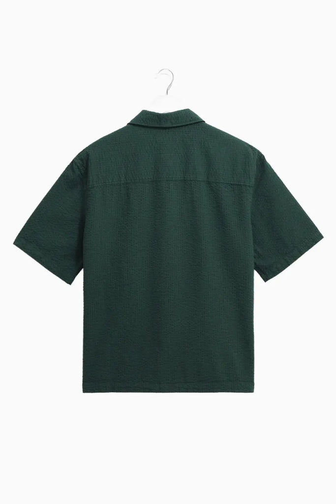Keats - Forest Green Cotton Seersucker Short-Sleeve Shirt Wax London