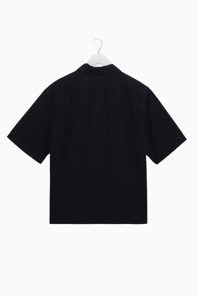 Keats - Navy Cotton Seersucker Short-Sleeve Shirt Wax London