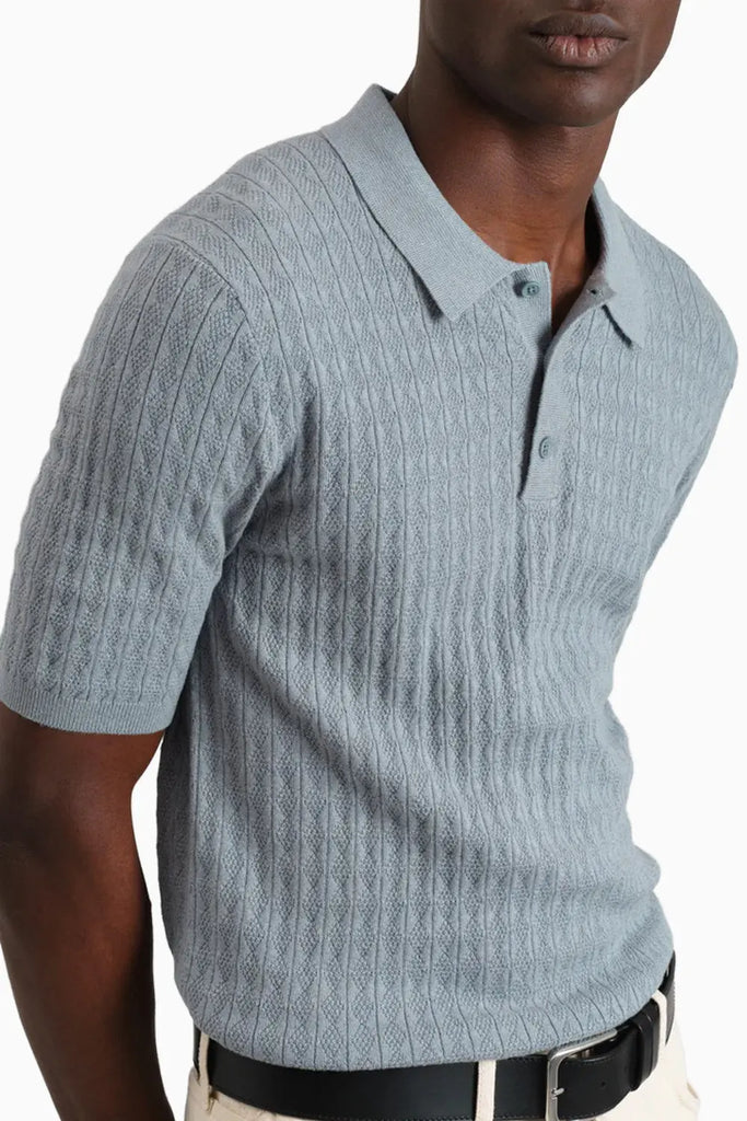 Naples - Grey Blue Diamond Stripe Knitted Polo Wax London