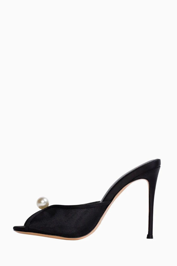 Pearl Mesh Slipper Mule With Round Toe for Womens Black Suede Studio