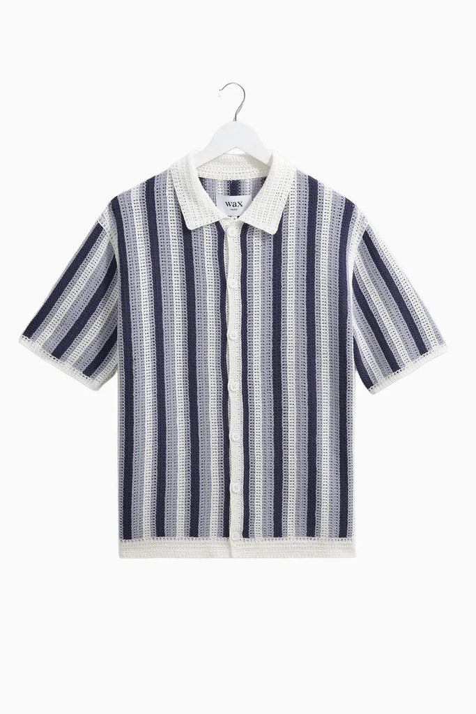Porto - Blue And Ecru Stripe Crochet Knitted Polo Shirt Wax London