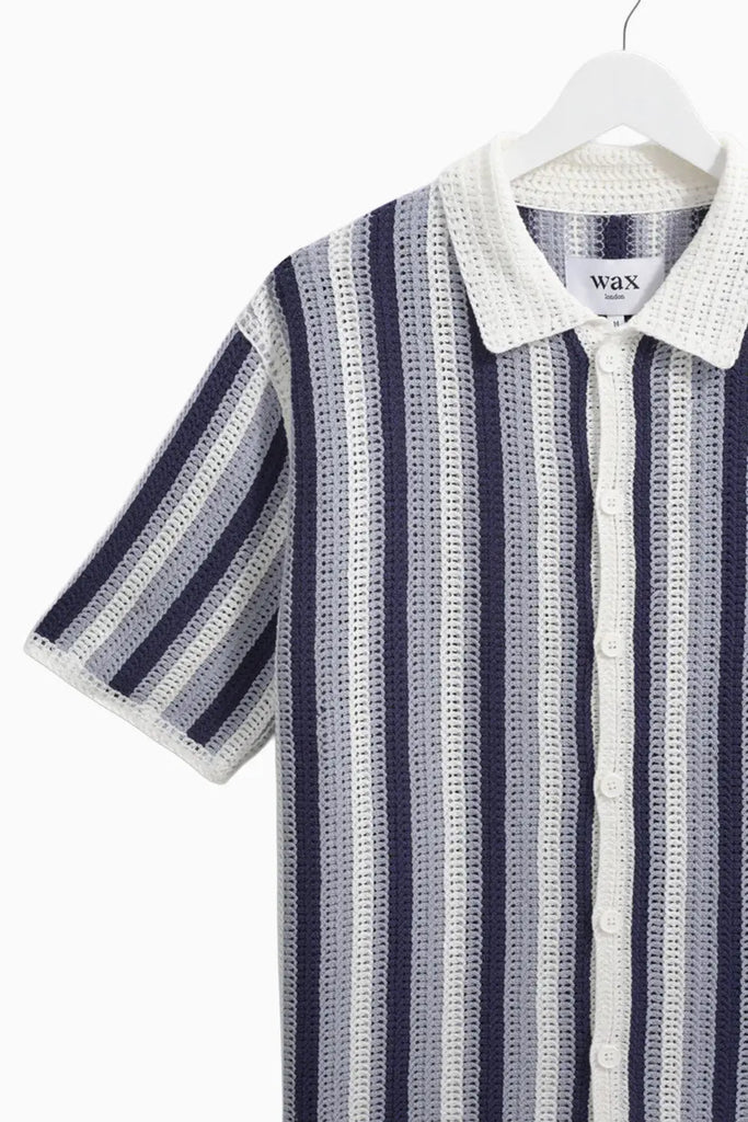 Porto - Blue And Ecru Stripe Crochet Knitted Polo Shirt Wax London