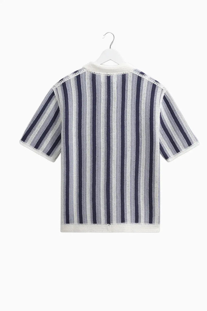 Porto - Blue And Ecru Stripe Crochet Knitted Polo Shirt Wax London