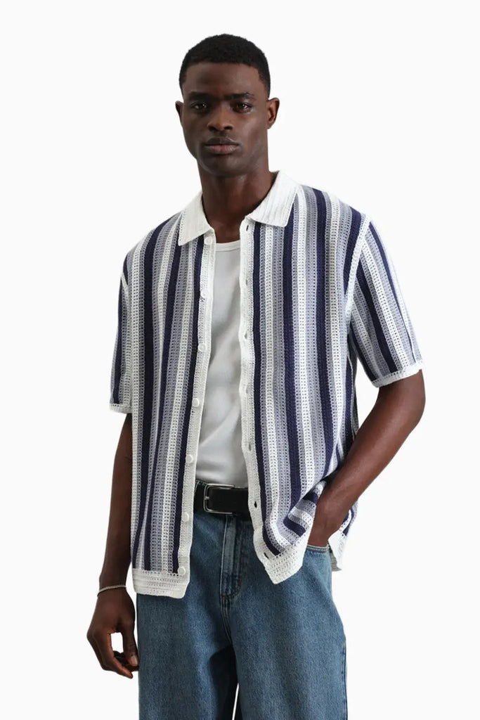 Porto - Blue And Ecru Stripe Crochet Knitted Polo Shirt Wax London