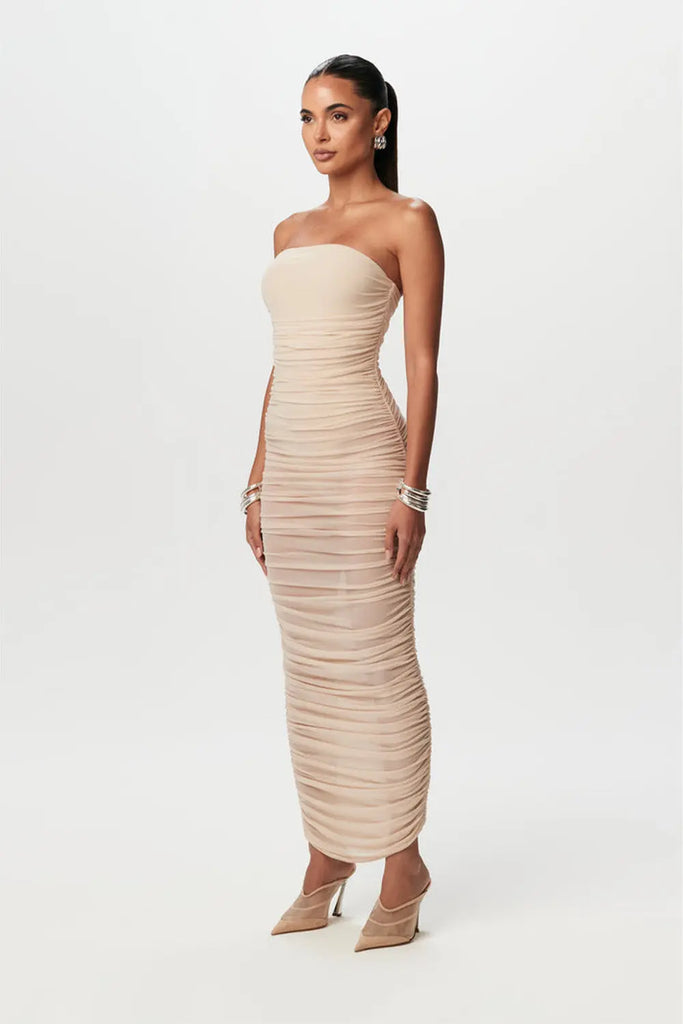 Shirred Mesh Midi Dress Naked Wardrobe