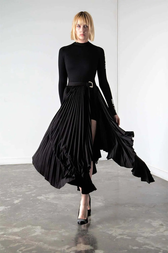 Asymmetric Pleated Wrap Skirt Blssd