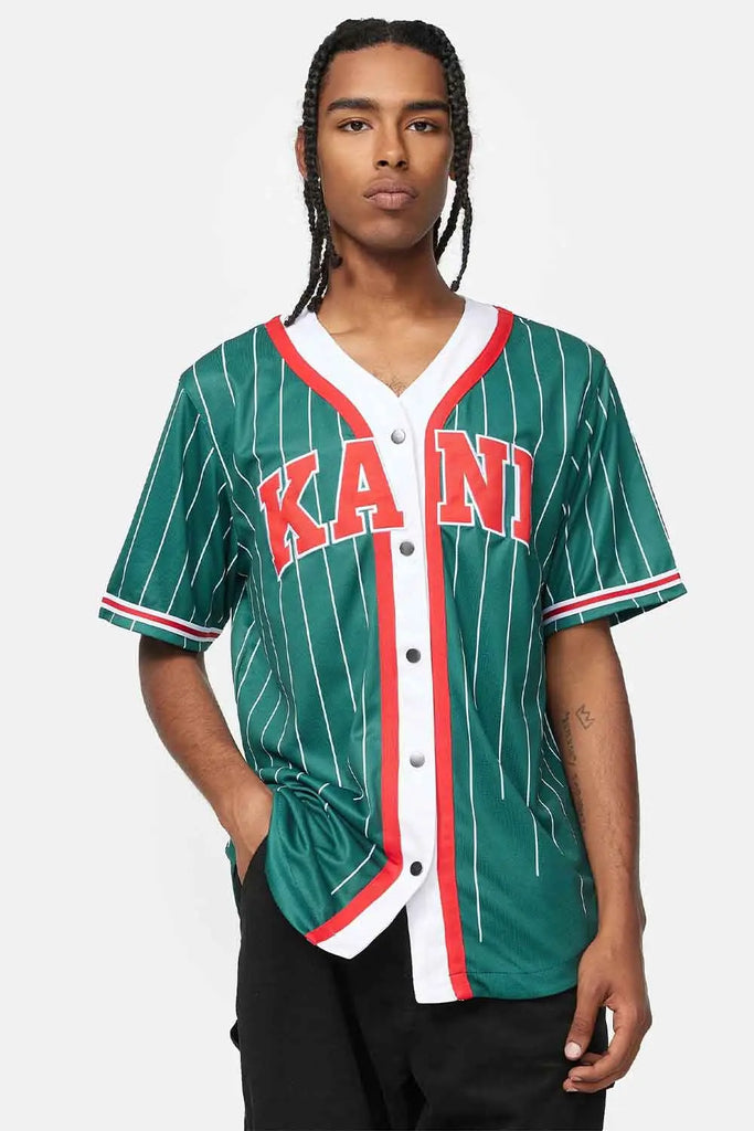Serif Pinstripe Baseball Shirt for Mens Karl Kani